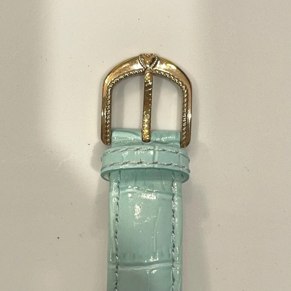 Judith Ripka Turquoise Dial Gold Tone Rope Bezel Croco Leather Strap Watch